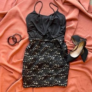 Black Lace and Nude Spaghetti Strap Cocktail Dress